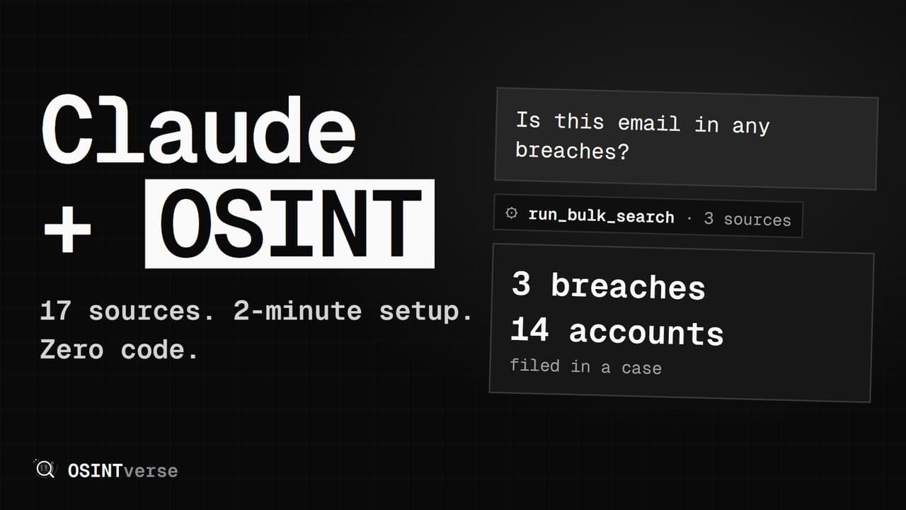 Claude + OSINT: 17 sources, 2-minute setup, zero code. A chat asks whether an email is in any breaches and gets 3 breaches and 14 accounts, filed in a case.